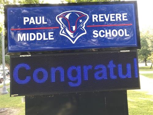 marquee with paul revere, logo, and congrats 