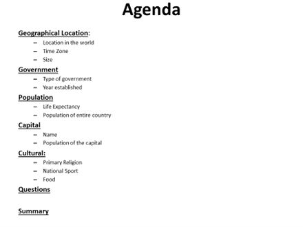 This is the page layout you need to have. It will tell every thing you will cover in the slides and the order