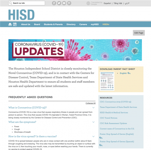 HISD COVID-19 Website  