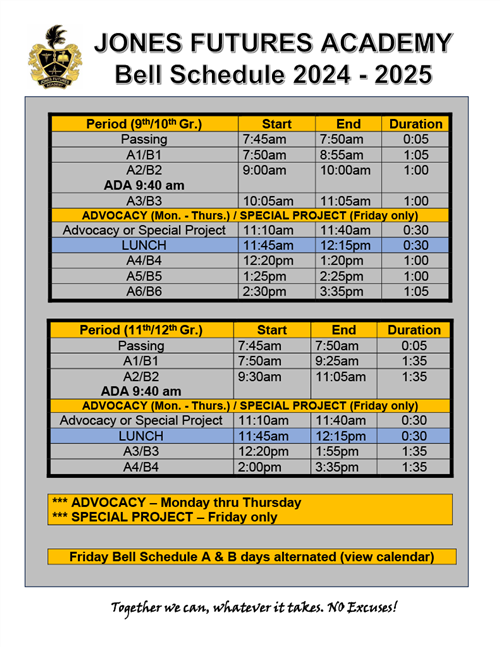 JFA Bell Schedule 2024-2025