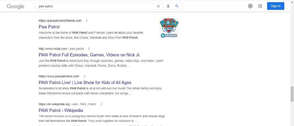 Sample search results page