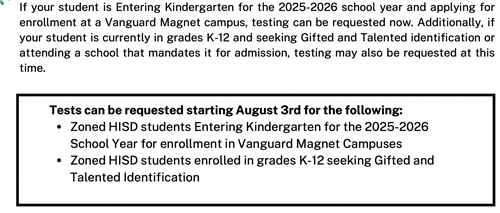 GT Testing:  Entering K thru 12th grade
